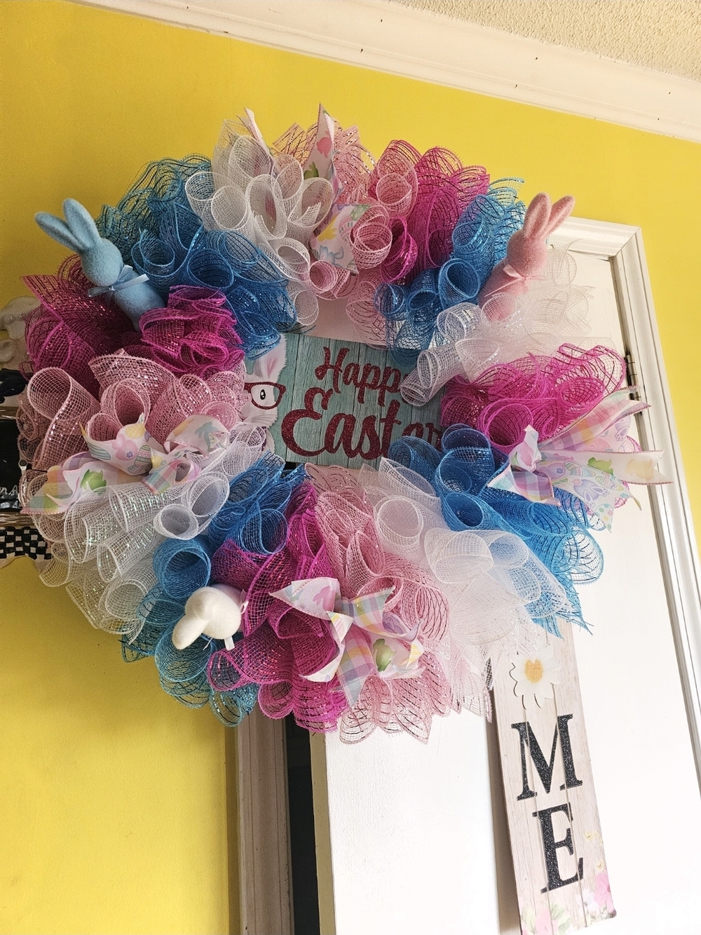 Festive Pink Blue White Easter Mesh Wreath - Unbranded